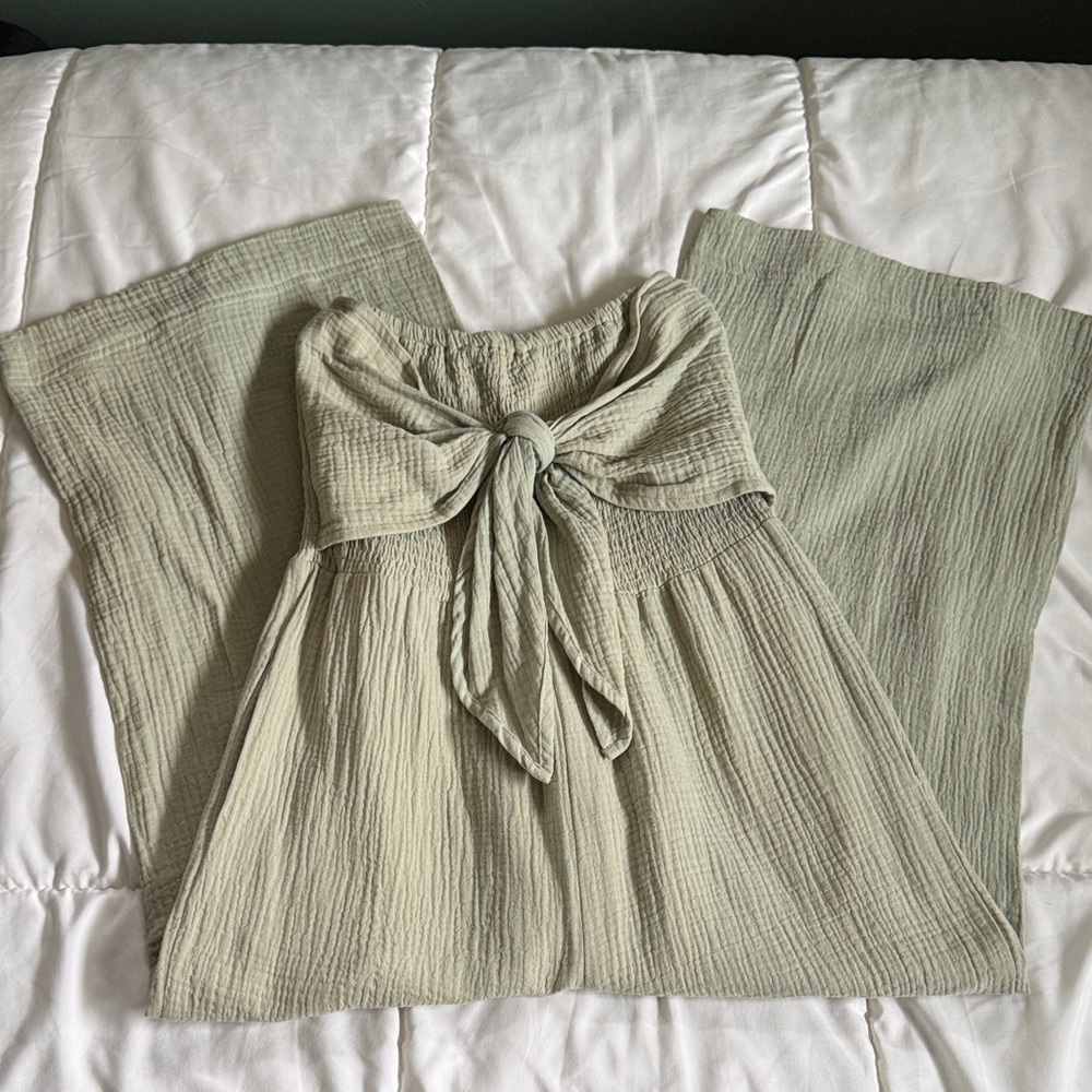 Charlie Paige Sage Green Strapless Tie-Front Jumpsuit